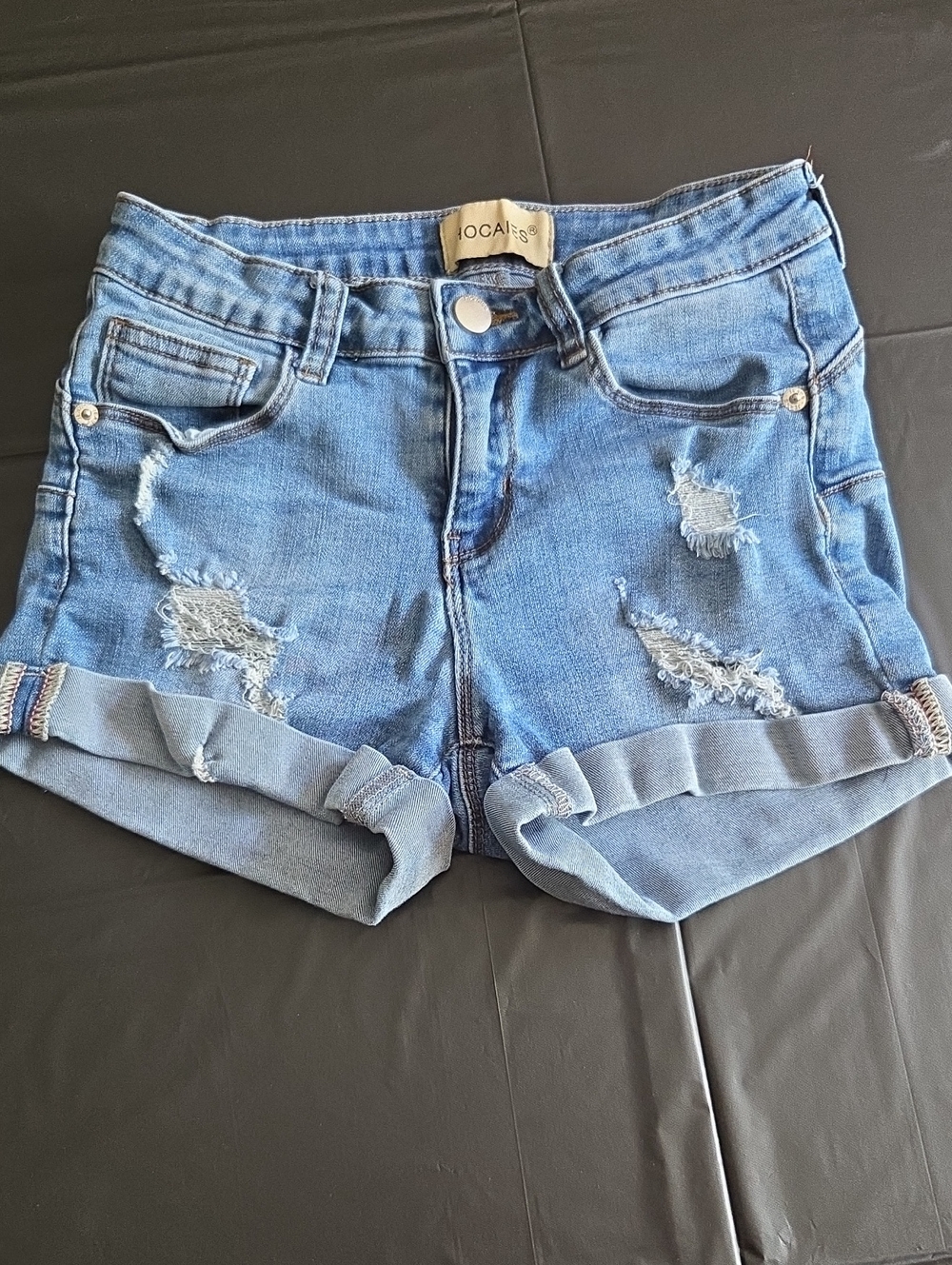 Brand Distressed Rolled-Hem Denim Shorts - Light Blue